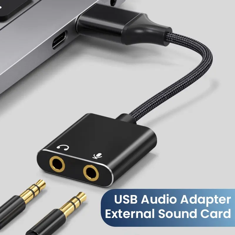USB-Soundkarten-Adapter mit 3,5-mm-Kopfhörer- und Mikrofonbuchse, geflochtenes Kabel, externer USB-Audio-Adapter für Windows, Mac, Laptop