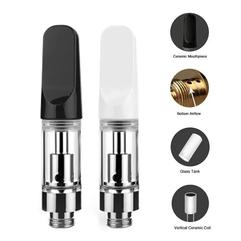 10 Stück TH205 Vape-Kartuschen 0,5 ml 1,0 ml CC-ell-Zerstäuber Keramikspule Schwarz/Silber/Gold/Holz-Tropfspitzen 510-Gewinde dicker Öltank