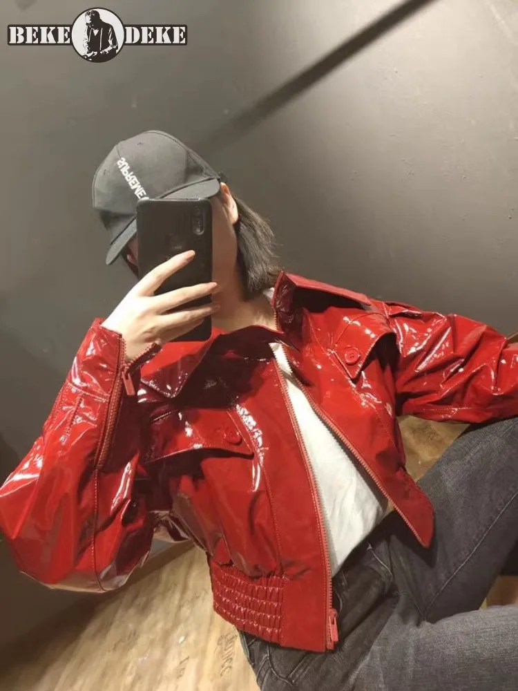 Frühling neue Mode glänzend echtes Leder rote Jacke Frauen Punk Reiß verschluss schlanke hohe Taille Streetwear Hip Hop Schaffell Kurz mantel