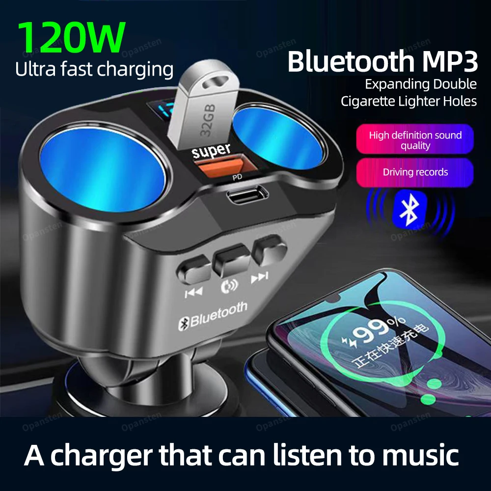 Isqueiro do carro divisor carregador duplo usb qc 3.0 carga rápida 12v auto transmissores fm bluetooth soquetes de chamada mãos-livres