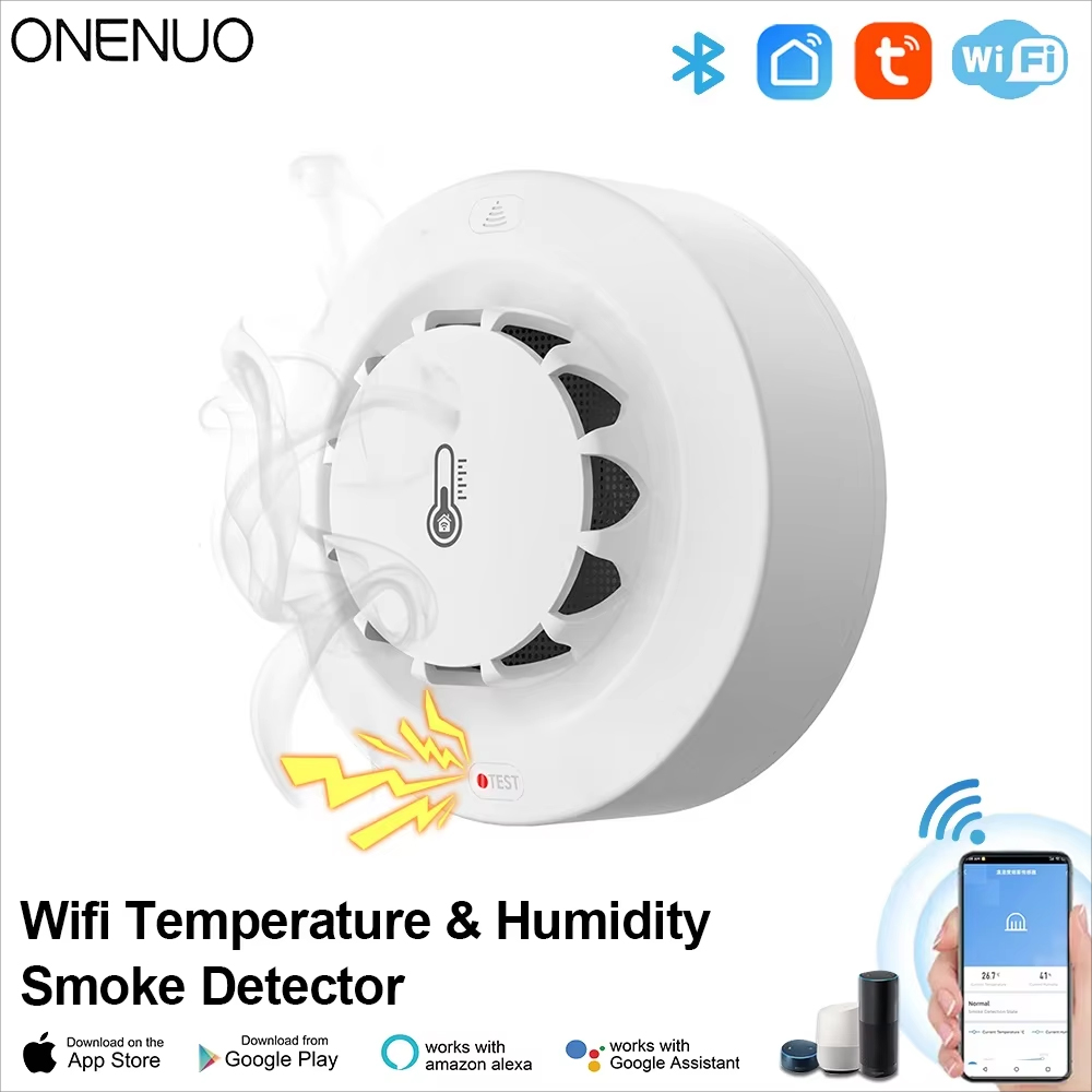 ONENUO-Detector de humo con WiFi, alarma de fuego con detección de temperatura y humedad, sonido de 80dB para Alexa, Google Home, Tuya, Smart Life