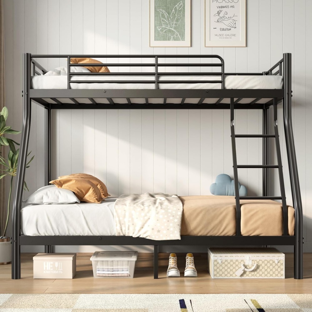 Metal Bunk Bed, Twin Over Full Size Bed Frame with Safety Ladder & Guardrail, Heavy Duty Bunkbeds for Adults Teens, Space-Saving