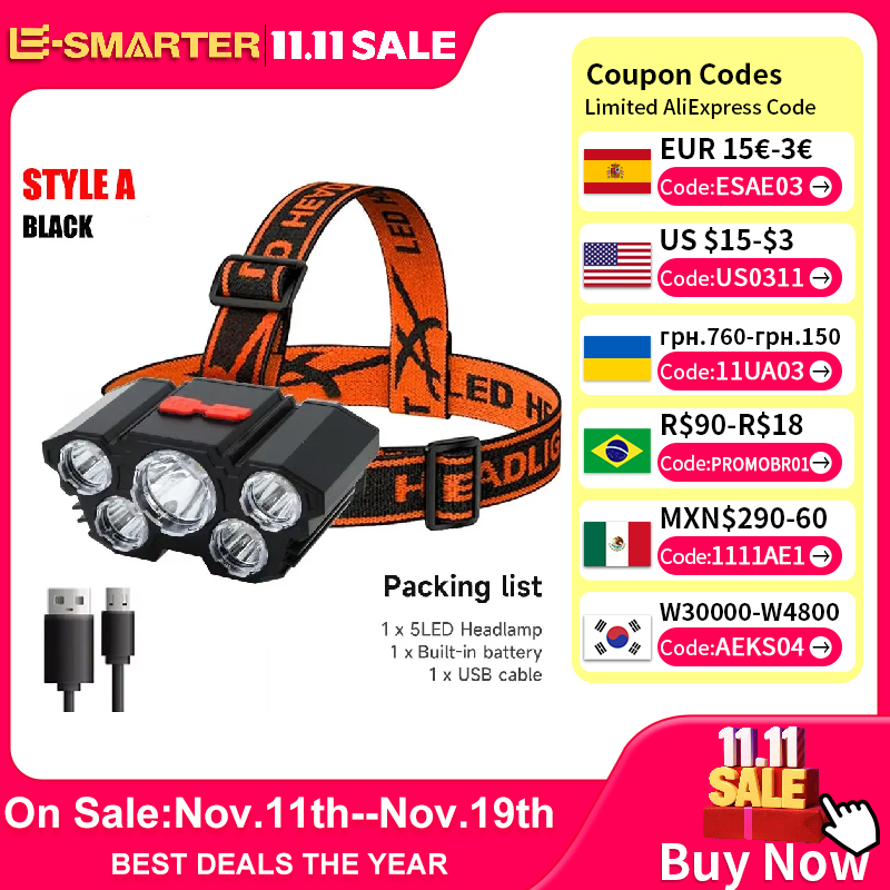 Linterna de 5 LED recargable con batería de litio incorporada luz de cabeza fuerte Camping aventura pesca ciclismo faro