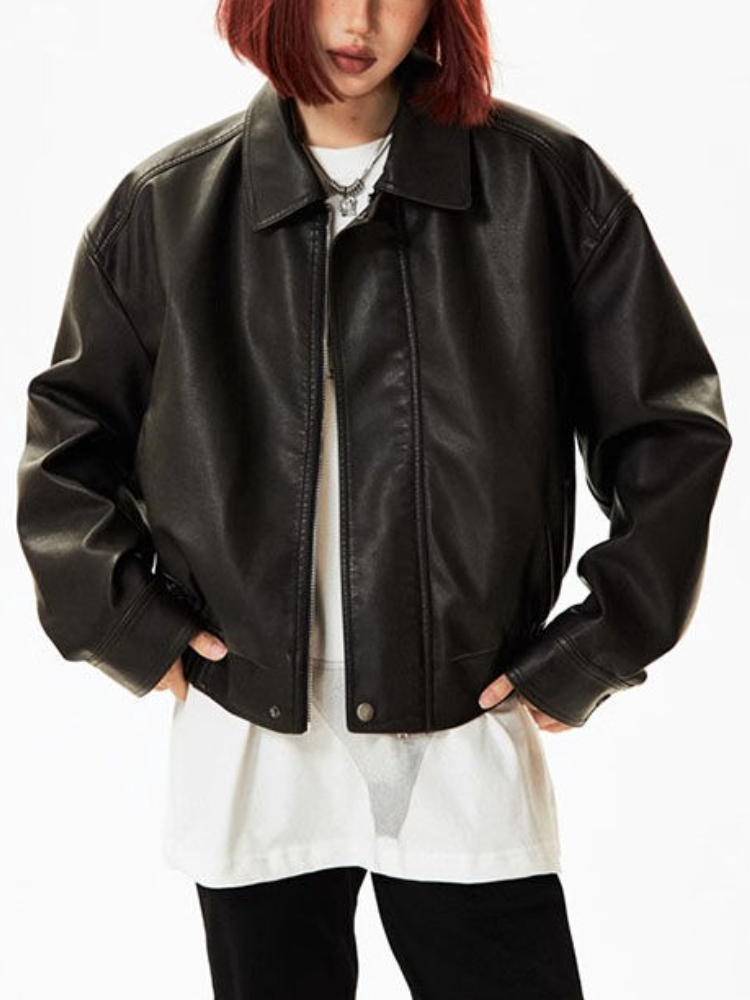 Blouson d'hiver en cuir noir femme, streetwear, décontracté, tendance, à la mode