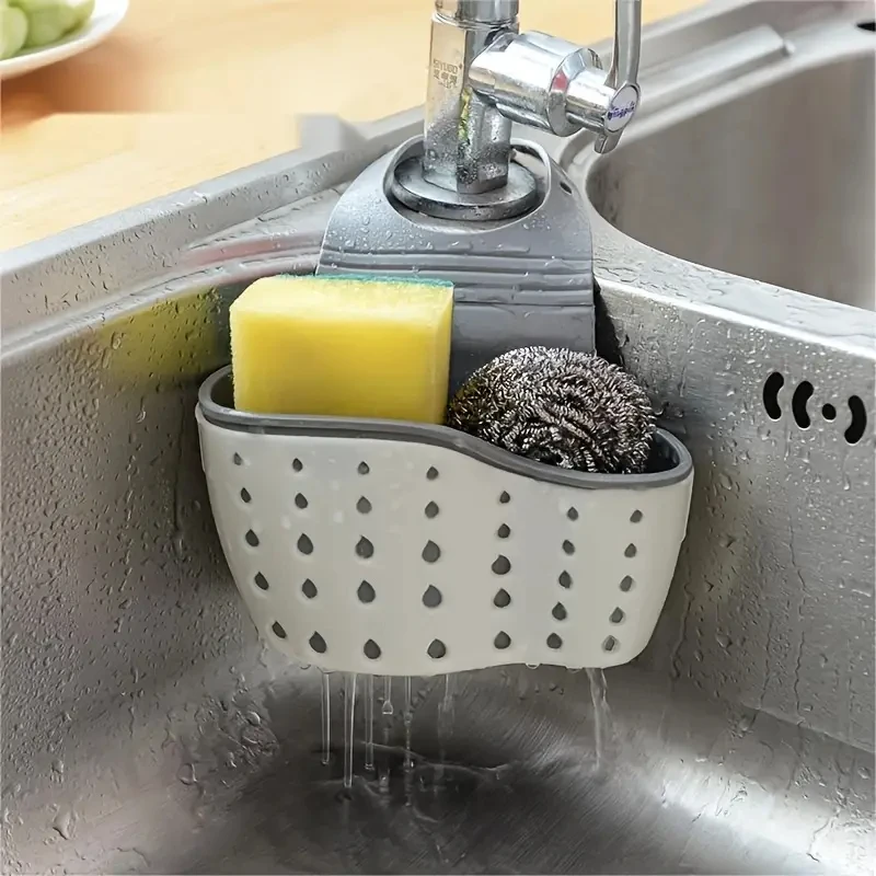 Waschbecken-Abtropfkorb, hängender Korb, verstellbar, Küchenzubehör, Gummi-Waschbeckenbeutel, Seife, Schwamm, Regal, Wasserhahn-Halter für Badezimmer