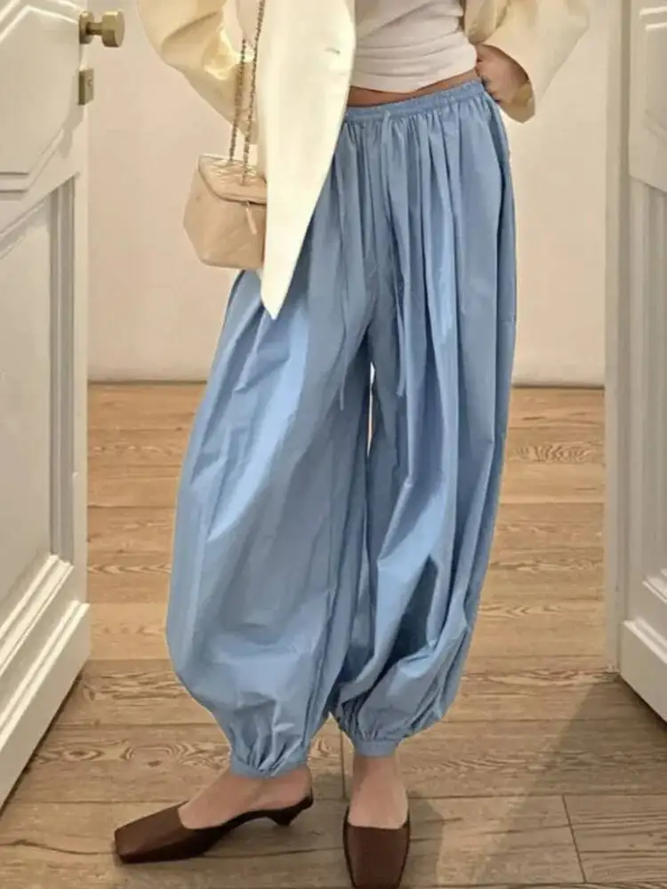 Blifanbo Luźne Spodnie Jogger Bloomers Damskie Plisowane Gładkie Modne Letnie Luźne Bloomers Długie Spodnie Streetwear