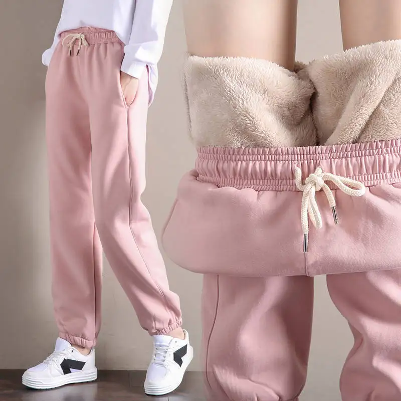 ​ ​ Pantalones para correr con forro polar para mujer, pantalones de felpa de invierno, cintura alta, cordón ajustable, pantalones informales cómodos para salón y calle ​ ​