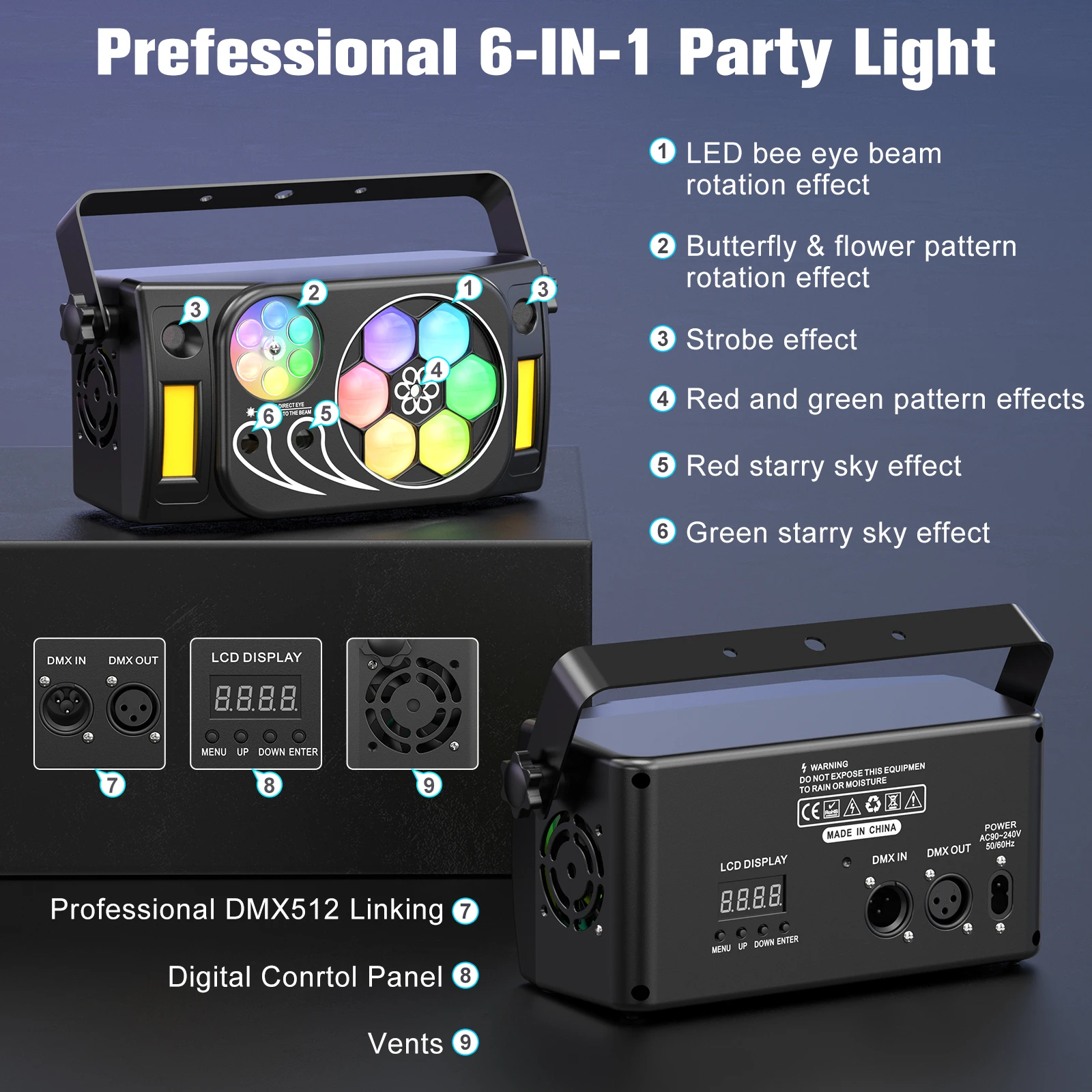 Projektor laserowy 6-w-1 Bee Eye Strobe RGBW LED Beam Patterns Stage Laser Light Stage Effect Light for Party DJ Disco KTV Wedding