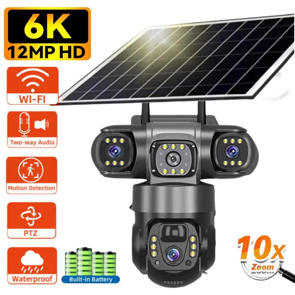 Wifi Solar Camera Outdoor 3 Lens Three Screens Solar IP Webcam PIR Human Detect CCTV Security Video Battery PTZ IP Camera
