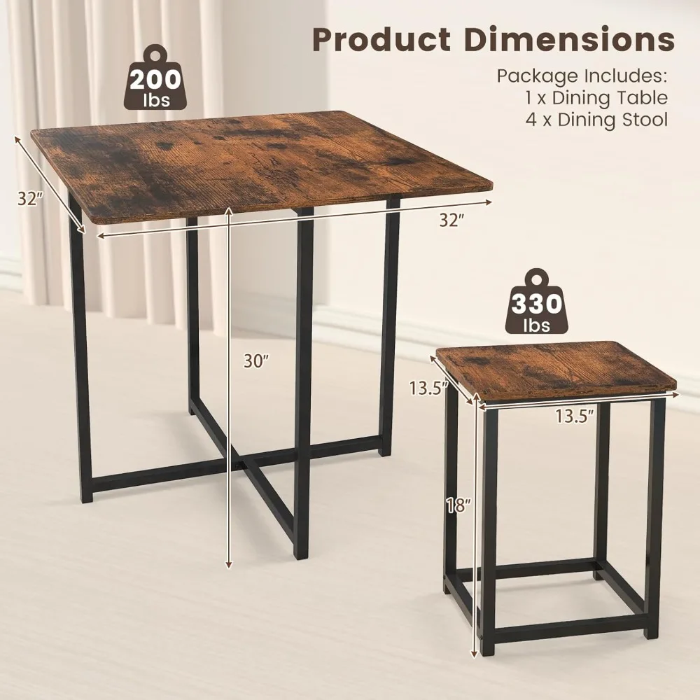 Compact Dining Table Set for 4, Small Kitchen Table Set with Square Stools and Metal Frame, Perfect for Small Spaces