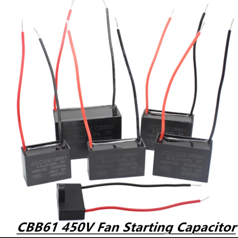 CBB61 450V Fan Start Capacitor 1uF 1.2uF 1.5uF 1.8uF 2.0uF 2.5uF 3.0uF 3.5uF 4.0uF 4.5uF 5.0uF 6.0uF 7.0uF 8.0uF 10uF 15uF 20uF