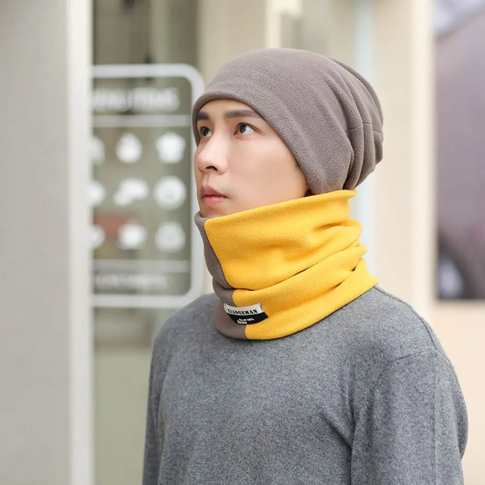 Fashion Thicken Men's Neck Warmer Hat Snood Color Blocking Pullover Cap Men Soft Neckerchief Scarf Cap Set Winter