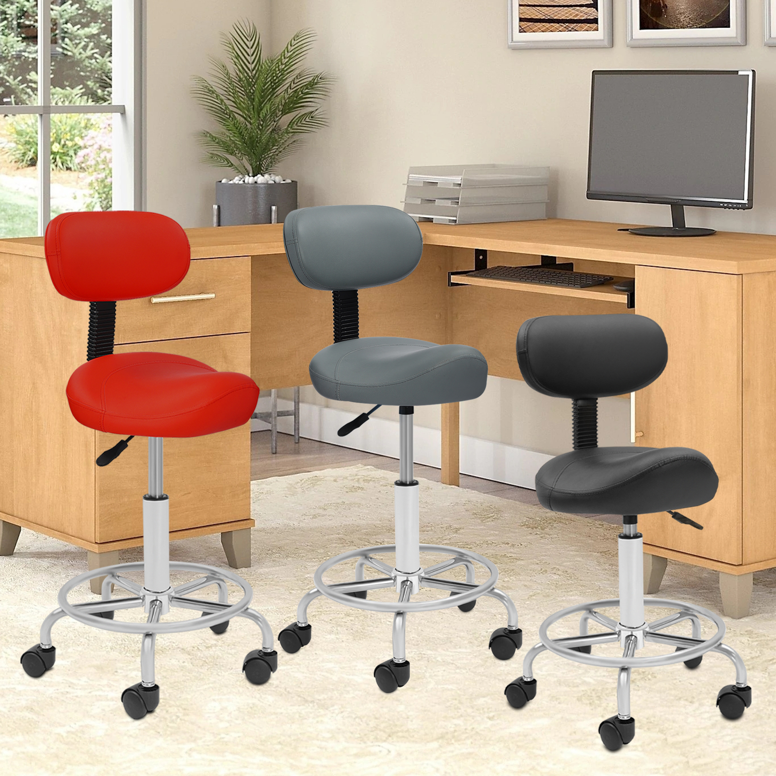 Salon PU-stoel Verstelbare hoogte Rugleuning Barkruk Thuishefstoel Schoonheid Rollende kruk Spa-stoel 360° ° draaibare Zitbelasting 150KG