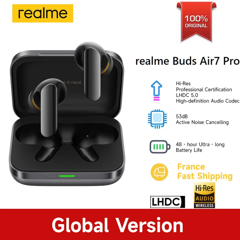 Versione globale realme Buds Air 7 Pro 53dB Cancellazione attiva del rumore Vero auricolare wireless Batteria 48 ore Cuffie Bluetooth 5.4