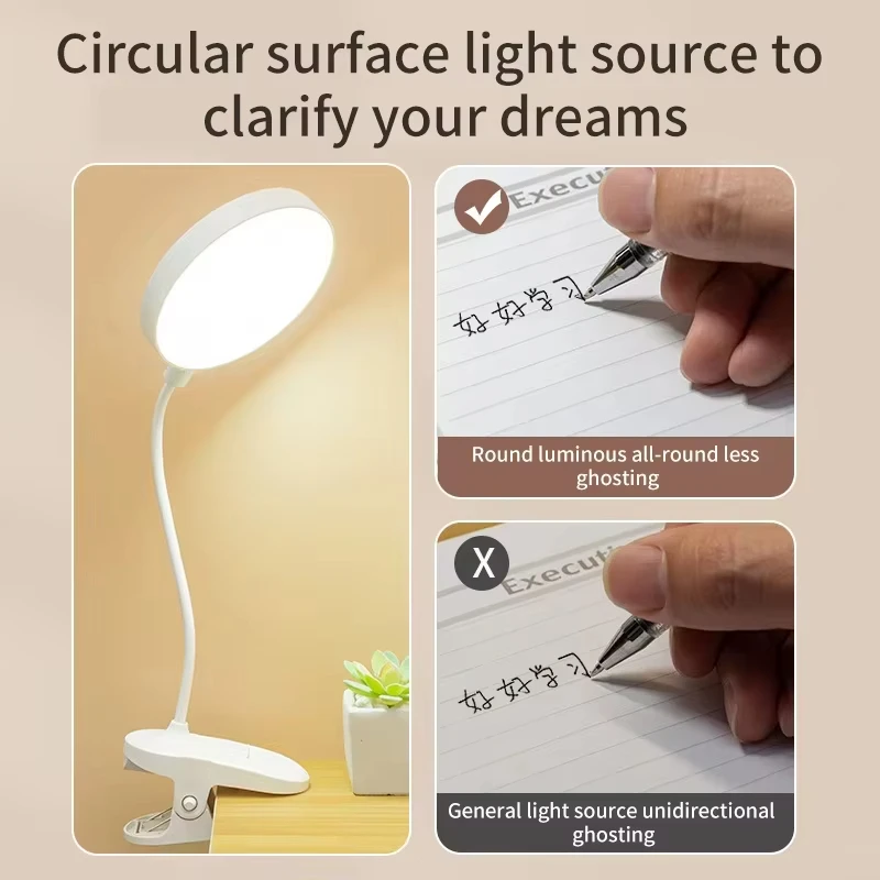 Lámpara LED portátil con Clip para mesa, lámpara de escritorio con Clip recargable por USB, luz nocturna de lectura para cama, luz táctil con 3 modos de atenuación, luz de protección ocular