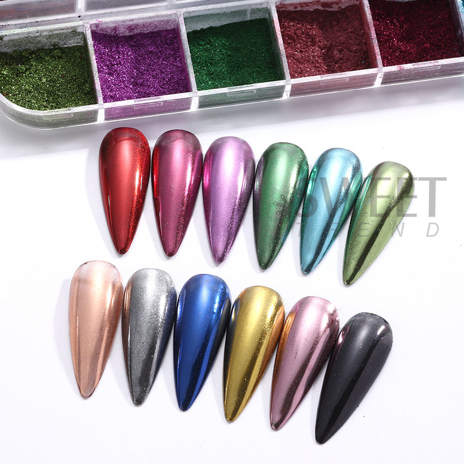12 สีผงโลหะเล็บสี Holographic กระจกโลหะ fine ถูบนเล็บฝุ่น Glitter UV Gel ตกแต่งเล็บ