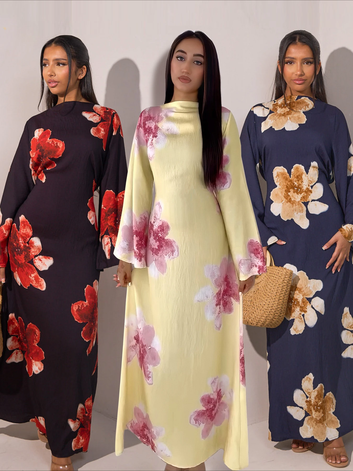 Sukienka Abaja Eid Damska Imprezowa z Nadrukiem Muzułmańska Dżalabija Dubajskie Vestidos Largos Imprezowy Kaftan Arabski Długa Szata 2025 Sukienki Ramadan