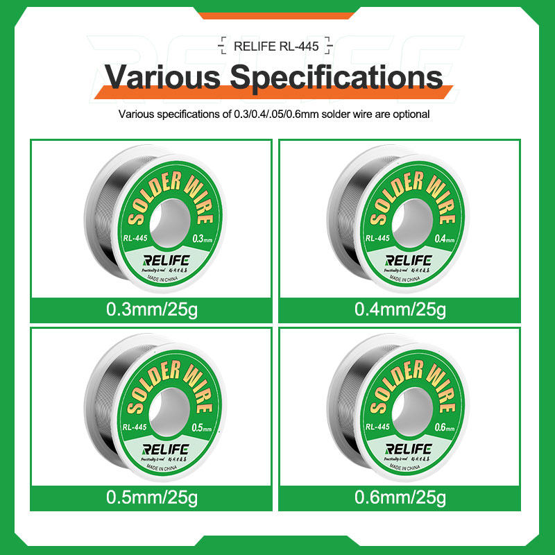RELIFE RL-445 0.3/0.4/0.5/0.6mm High Purity Solder Wire Rosin Core Tin Wire Various Electronic Soldering Welding Weights 25g