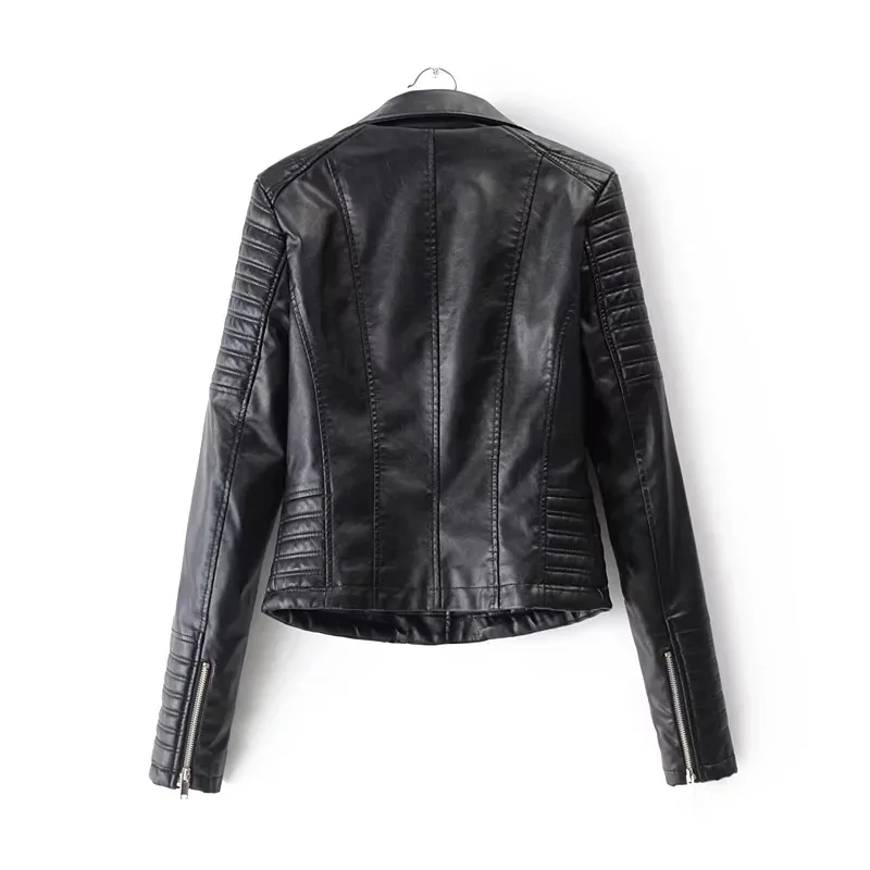 แจ็คเก็ตหนังผู้หญิง Turndown Collar Pu รถจักรยานยนต์สีดํา Punk Coat หญิง Rivet Zipper Jacket