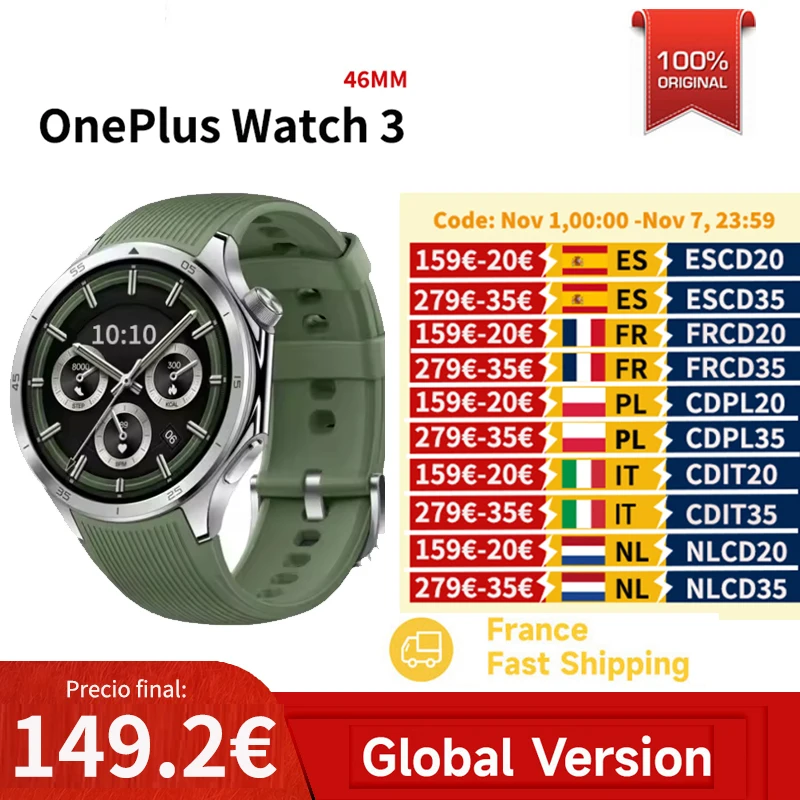 Globalna wersja OnePlus Watch 3 Smart Watch 1,5-calowy wyświetlacz AMOLED 32 GB pamięci Snapdragon W5 Wear OS firmy Google IP68