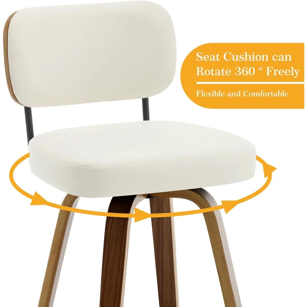 Swivel Counter Height Bar Stools Set of 4, 26" Upholstered Faux Leather Barstools with Back and Bent Wood Legs, Mid Century