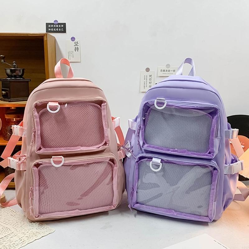 340d 대학생 대용량 나일론 백팩 iTabag 애니메이션 배지 핀 디스플레이를위한 일본인 투명 포켓 가방