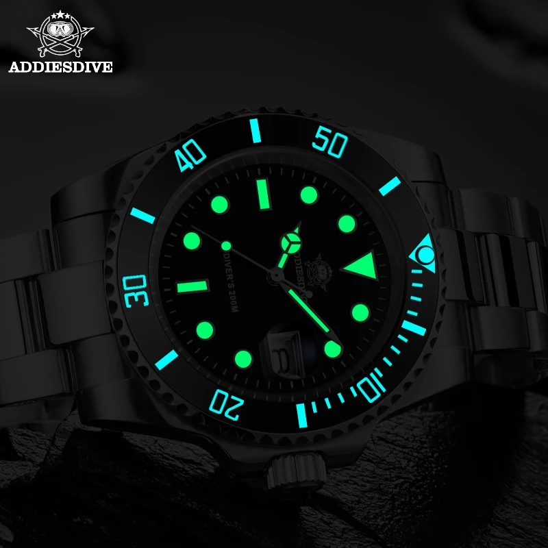 Reloj de cuarzo luminoso ADDIESDIVE para hombre, relojes analógicos con bisel de cerámica de acero inoxidable, relojes de pulsera de buceo con calendario resistente al agua de 200m