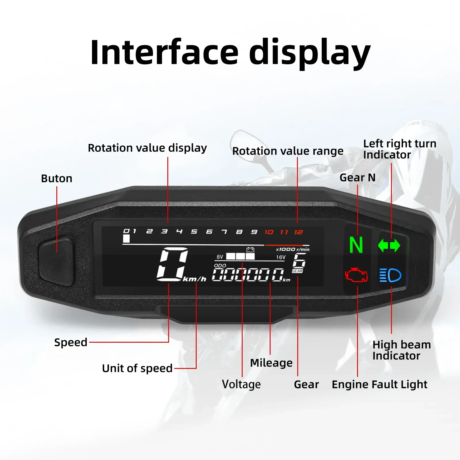 Digitales Motorrad-Armaturenbrett, 12.000 U/min, Drehzahlmesser, Tachometer mit ODO/TRIP und Blinkeranzeige – universelles LCD-Panel für Cr