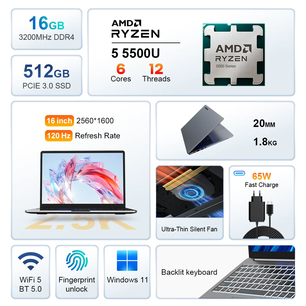 Ninkear A15 Pro Laptop 16" IPS 2,5K FHD AMD Ryzen5 5500U Notebook 16G DDR4 3200Mhz+512GB 54Wh Akku Windows11 PRO Computer