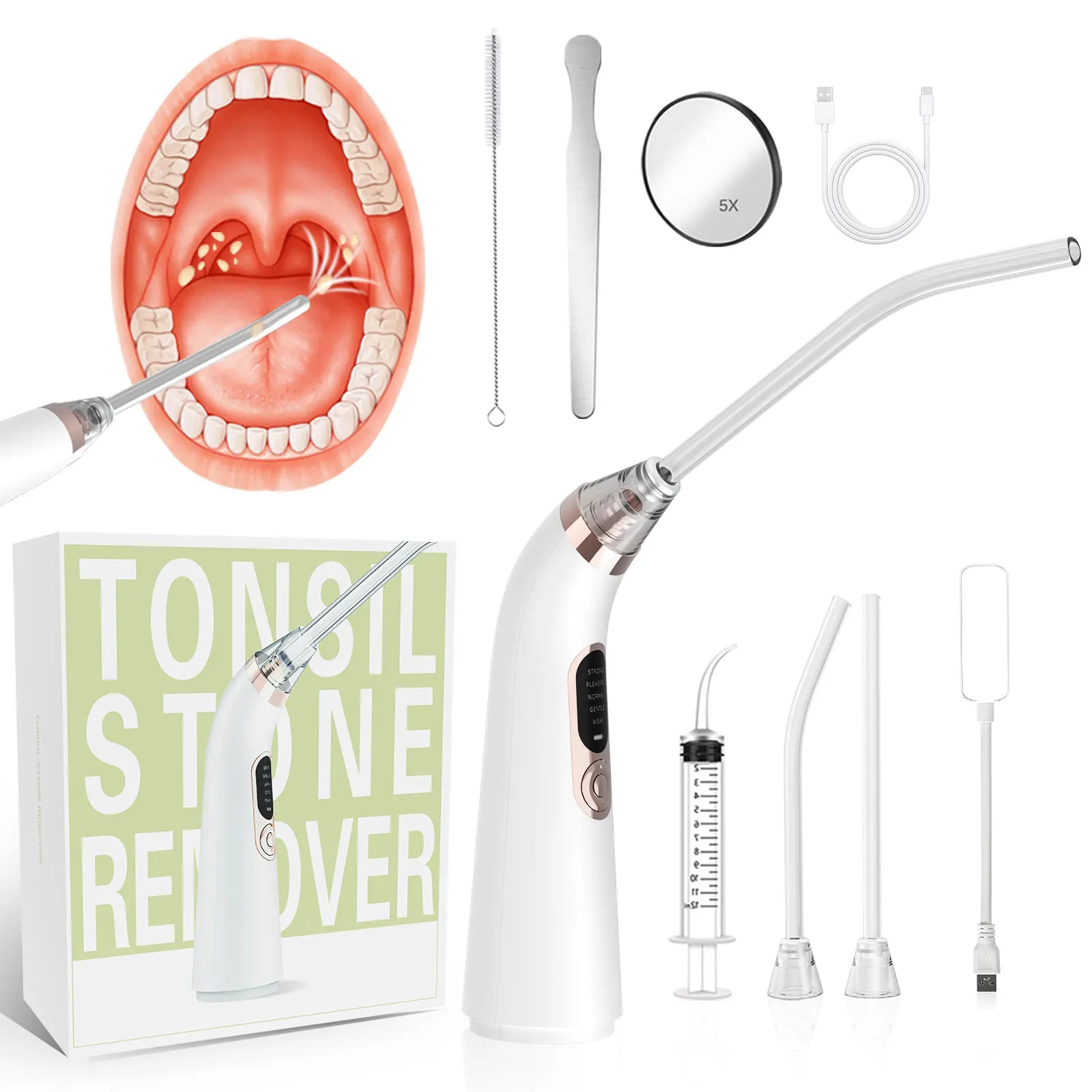 Kit de eliminación de piedras de amígdalas 10 en 1, vacío electrónico para la boca, cuidado bucal con 5 modos de succión, limpiador bucal, limpieza Dental
