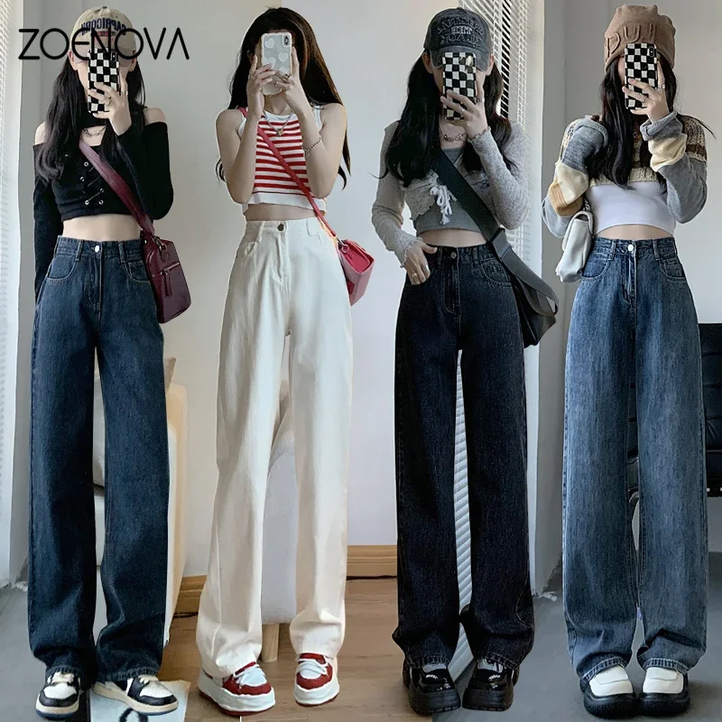 ZOENOVA ハイウエストジーンズ Y2K ファッション女性服ブルーブラックストレートレッグデニムパンツズボンママジャンだぶだぶのズボン背の高い