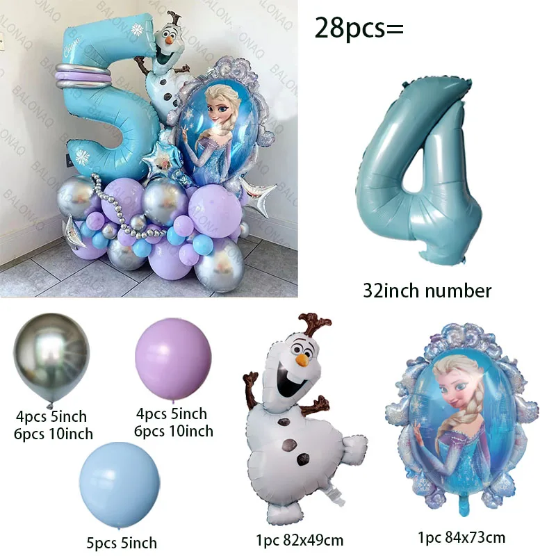 28pcs 냉동 호일 풍선 세트 엘사 공주 만화 테마 파티 장식 소녀 생일 베이비 샤워 웨딩 파티 용품