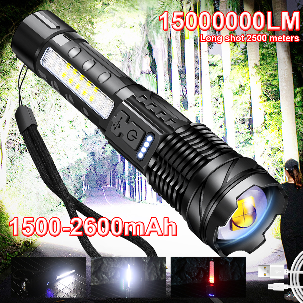 Lanternas led de alta potência, recarregável por usb, luz tática, holofotes de emergência, feixe telescópico, bateria embutida