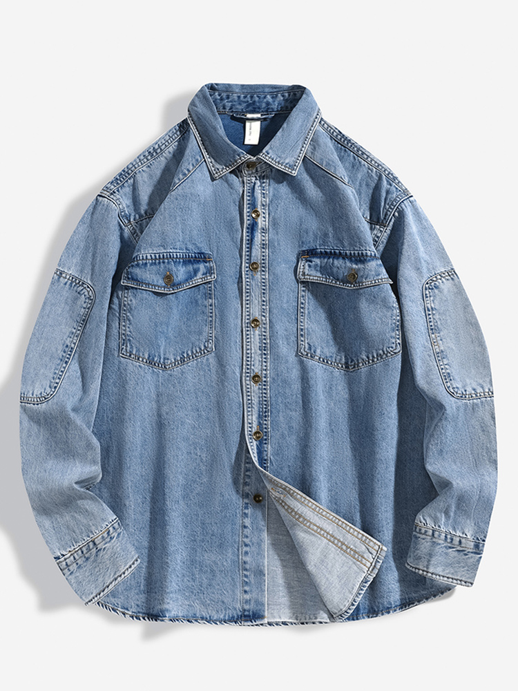 Camisa vaquera de algodón para hombre, camisa de manga larga en negro y azul con hombros caídos y bolsillos con botones, pantalones vaqueros holgados informales para trabajo, novedad de 2024