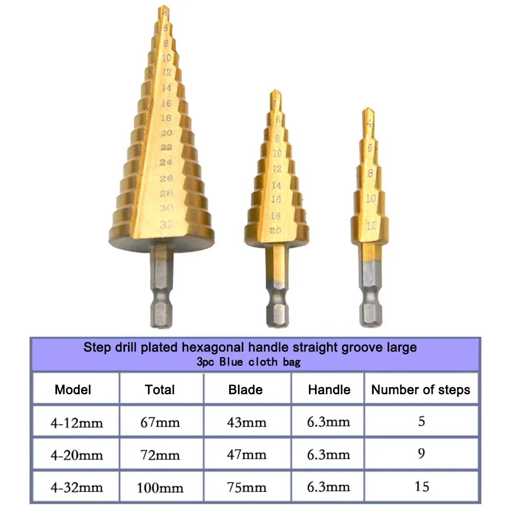 3pc pagode broca 4-12/4-20/4-32mm hexagonal sulco reto titânio chapeado escada broca ferramenta elétrica conjunto de acessórios