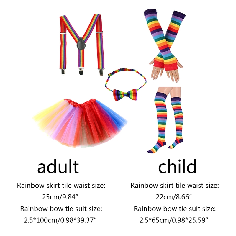Conjunto accesorios disfraz arcoíris para niños y adultos, falda tutú tul, guantes sin dedos, calcetines largos,