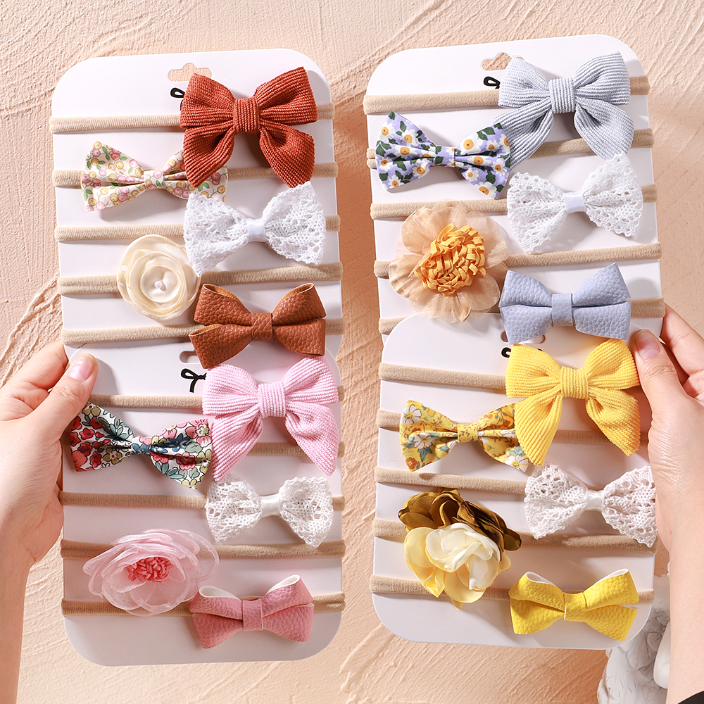 5 unids/lote, diadema elástica de nailon para bebé, banda para la cabeza con lazo de encaje y flores para recién nacido, accesorios suaves para el cabello para niña pequeña
