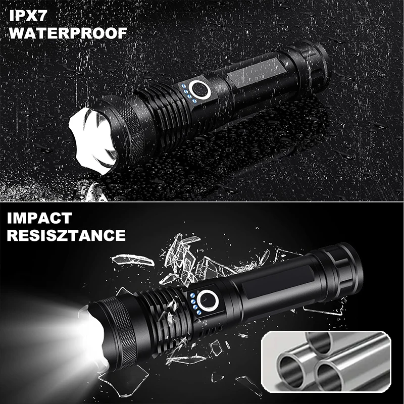 Linterna táctica LED recargable de alta potencia, lámpara con Zoom telescópico de aleación de aluminio para acampar al aire libre y pescar