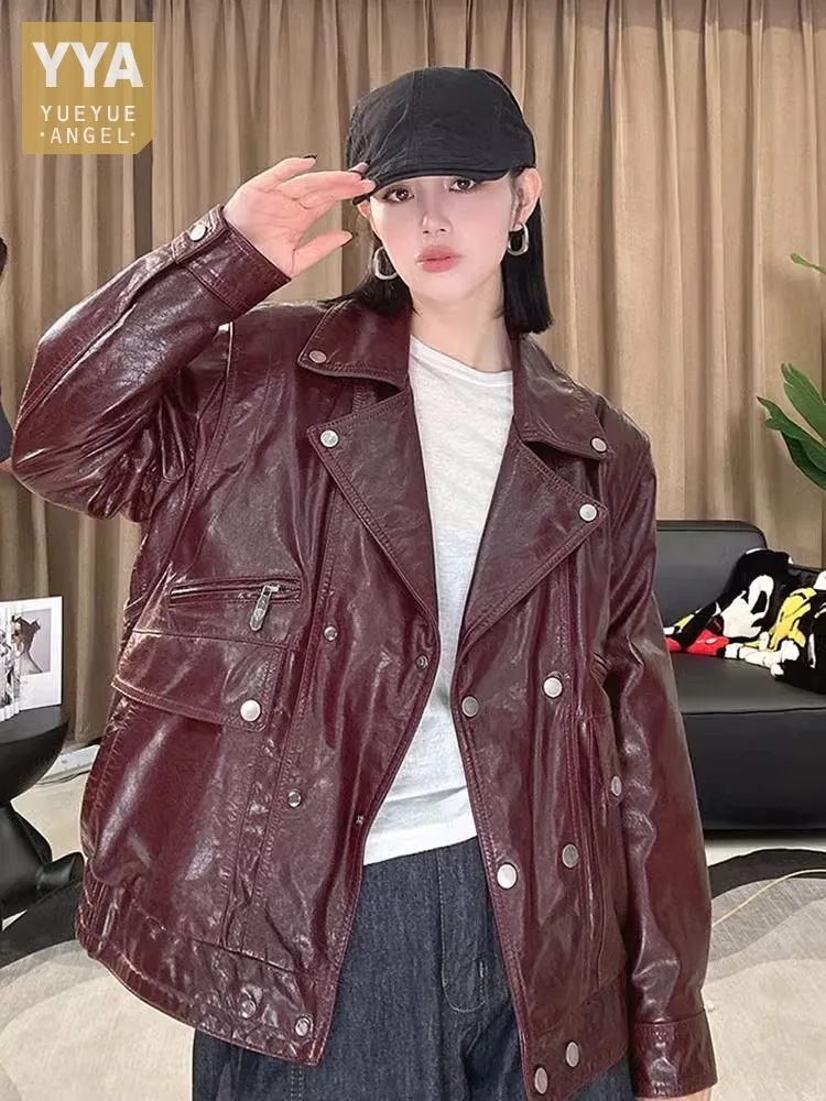 Punk Stil Frauen Zweireiher Lose Fit Gnuine Leder Jacke Freund Stil Motorrad Mantel Herbst Mode Winddicht Jacke