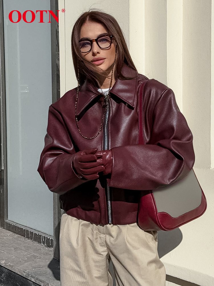 Ootn-女性用ワインレッドフェイクレザーラペルコート、レディースチュニックトップス、厚手のアウターウェア、ジッパーラペル、秋、冬のストリートウェア、ファッション、2022、2024