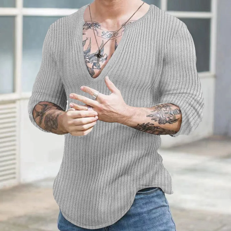 Otoño Invierno, suéteres casuales de moda con cuello en V para hombre, suéteres de punto de manga larga de Color sólido que combinan con todo, jerséis para caballero, Top