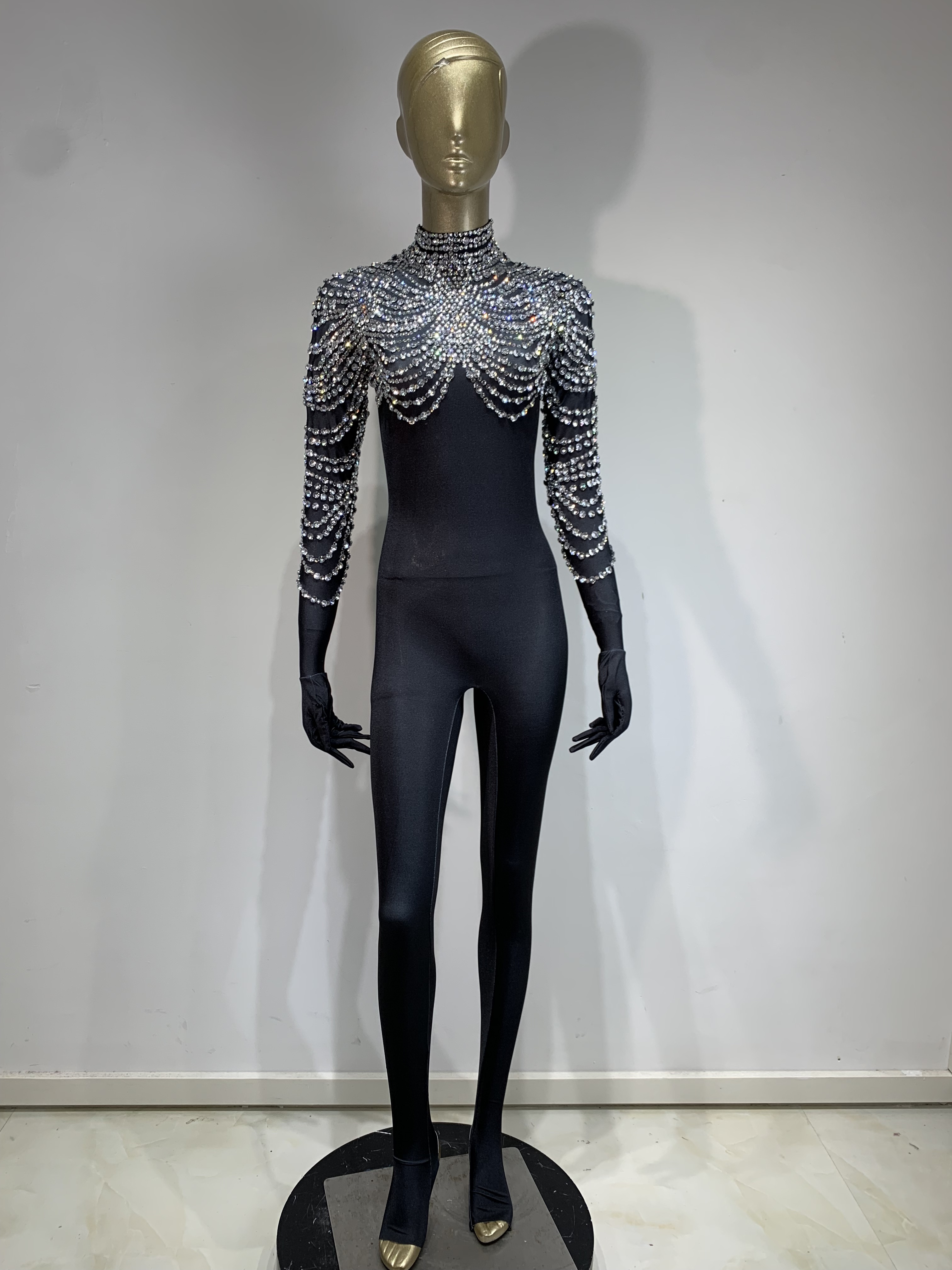 สต็อกประกาย Rhinestone ยืด Jumpsuit ผู้หญิงเซ็กซี่ Club Party ลาก Queen นักร้องนักเต้น Stage เครื่องแต่งกาย