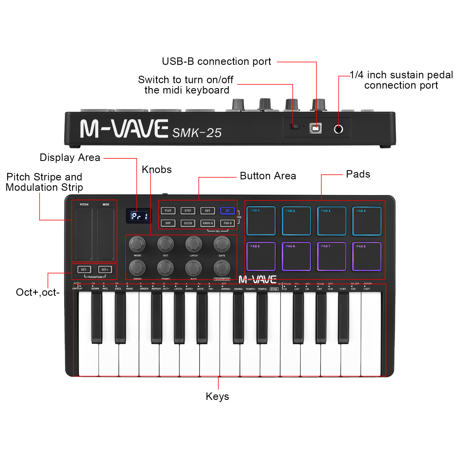 M-VAVE capacité de 25 touches I Control Keyboard Mini USB portable avec 25 sensibles à la vitesse prédire 8 tampons rétroéclairés RVB 8 boutons