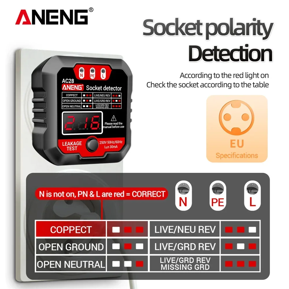 ANENG AC27/AC28 probador de potencia de enchufe Digital 50Hz/60Hz Detector de polaridad de enchufe probador de voltaje buscador de disyuntor enchufe UE/EE. UU.