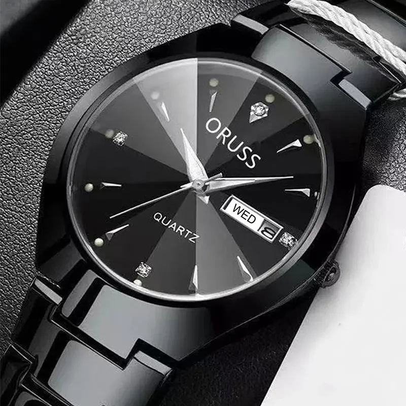 Oruss casal relógio à prova dwaterproof água casual moda feminina relógios de quartzo senhoras inoxidável data semana relógio masculino amante data presente