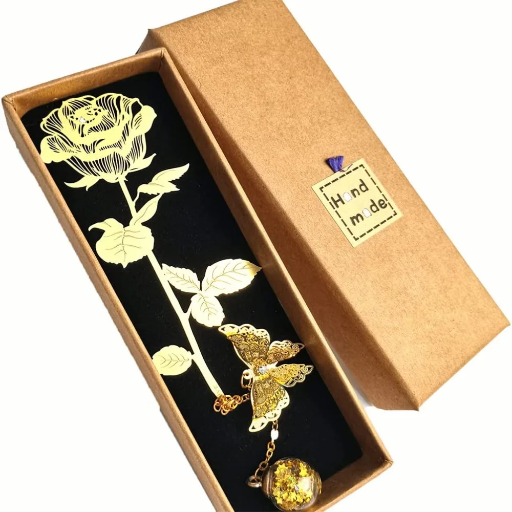Marcapáginas de Metal rosa dorada, caja de regalo, marcapáginas de flores, regalo de papelería para estudiantes, marcador de página único, soporte de Página de Libro, Clip de libro