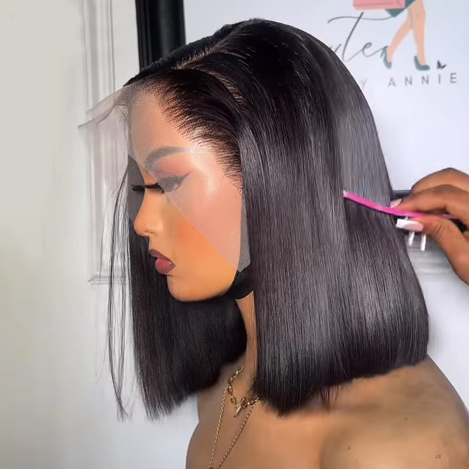 Peruca curta reta Bob para mulheres, fechamento frontal do laço, cabelo humano, 4x4, 13x4, 200 Densidade
