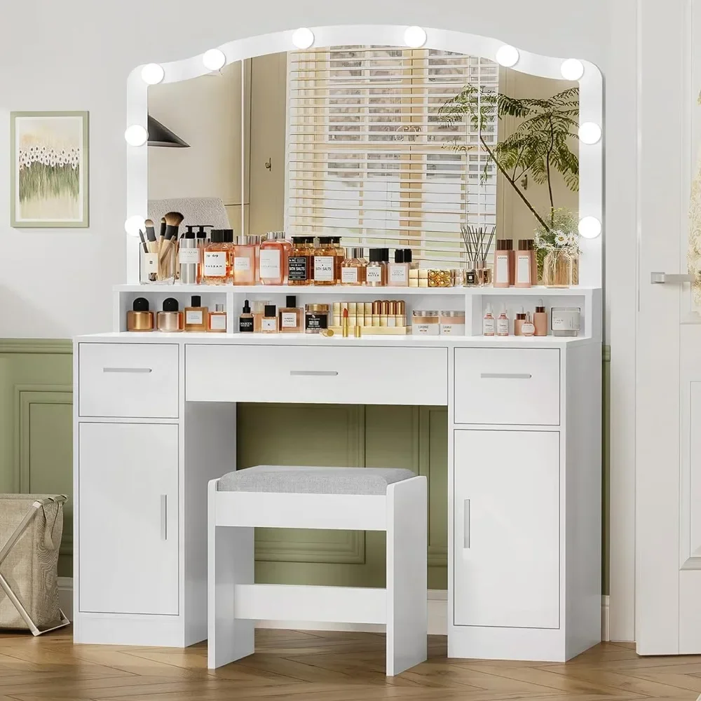 Makeup Vanity with Lights,with 3 Drawers,2 Cabinets & Long Storage Shelf,Dressing Vanity Table with Stool, Suitable for bedrooms