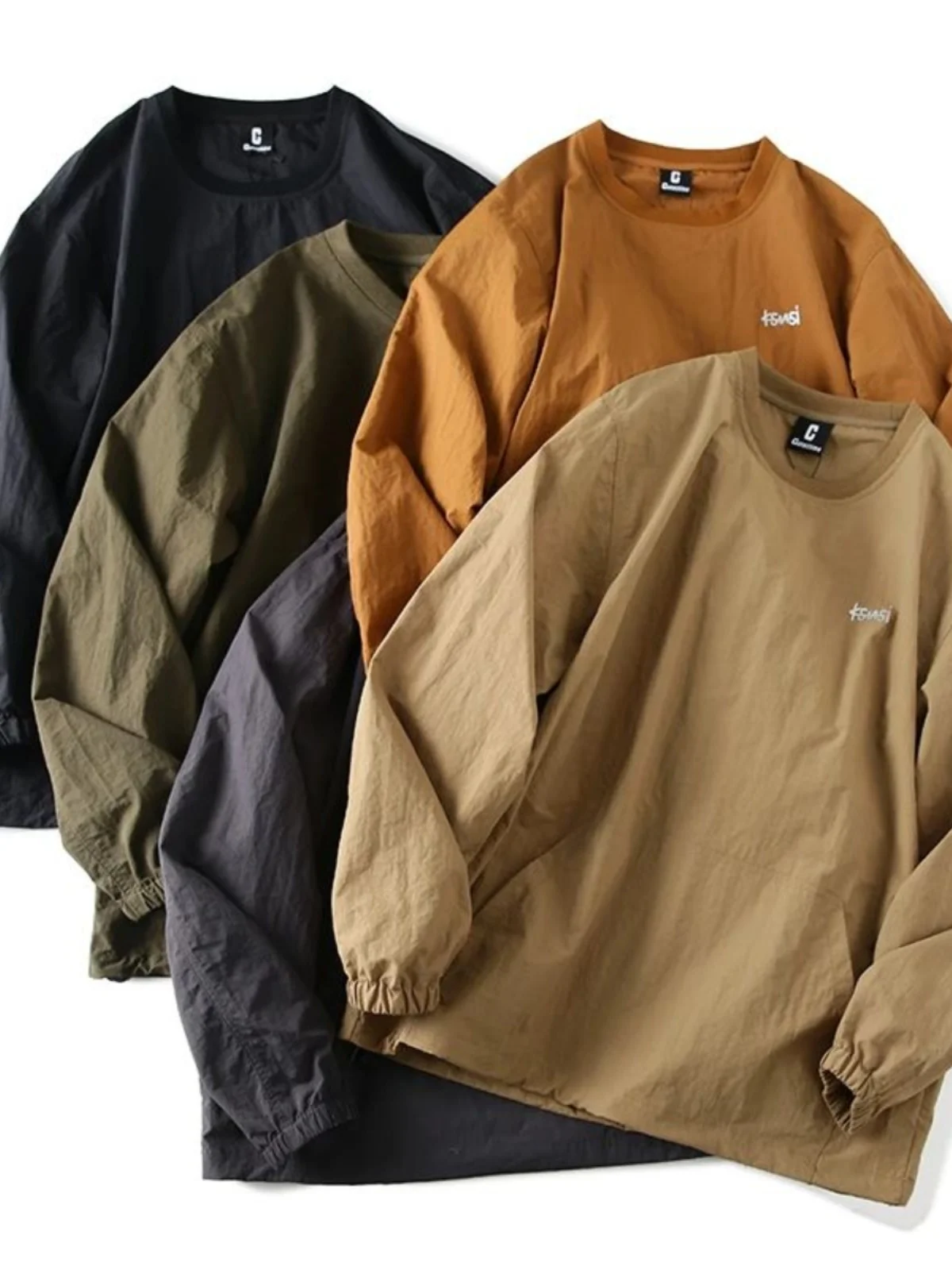 Retro Japanese Sle Tech Waterproof Fabric Men's Spring Autumn Loose  Color round Ne Long Sve Hoodie Casual Faion