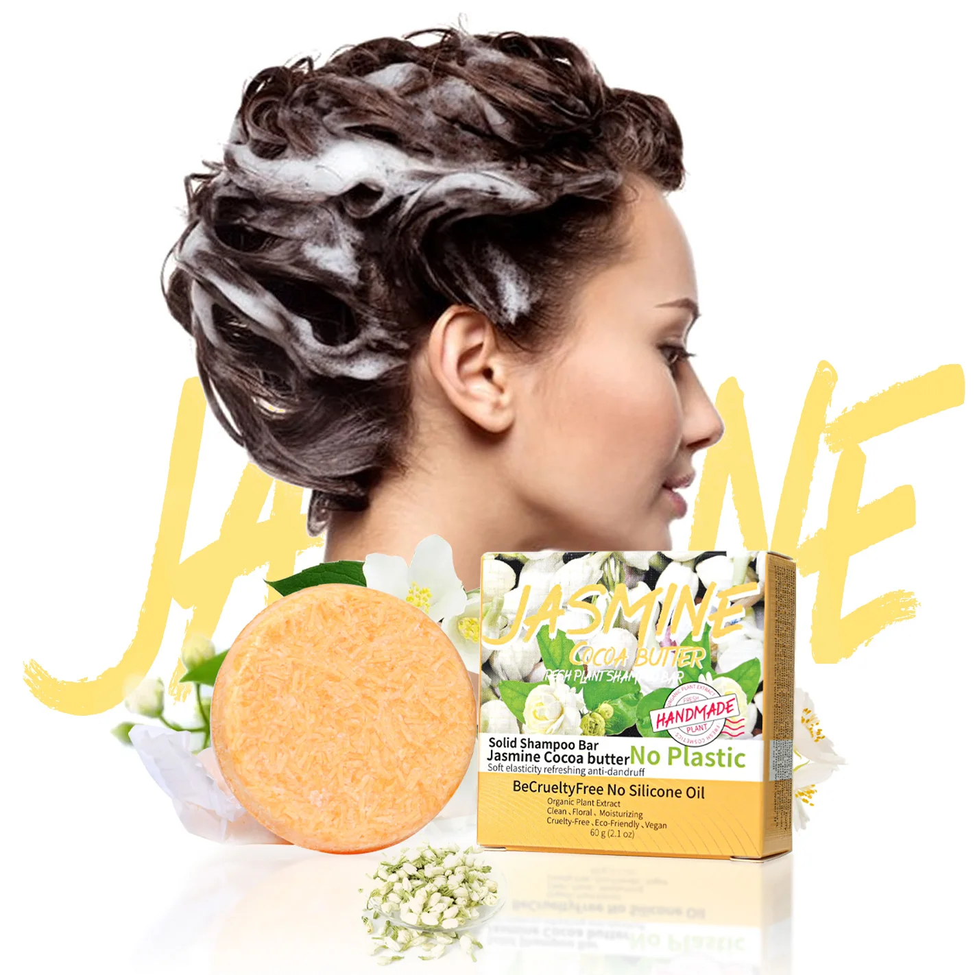 Shampoo artesanal perfumado de jasmim, shampoo sólido em bastão, óleo essencial de planta, sabonete para controle de óleo e sabonete refrescante
